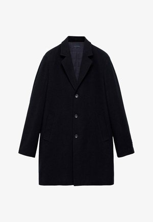 Cappotto lungo in lana nera con revers a punta, tre bottoni, due tasche laterali e fodera trapuntata. Presenta una vestibilità dritta e un tessuto testurizzato.