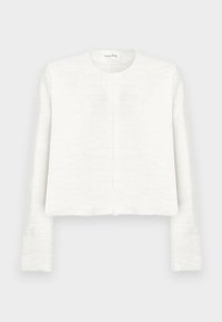 White textured long-sleeve cropped jacket with round neckline and no visible buttons or fasteners.
