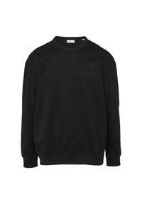 Zwarte crewneck sweatshirt van katoen, voorzien van een voorzak met logo en een zijzak op de arm. Ribgebreide mouwen en zoom.