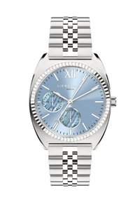 Silberner Edelstahl-Armbanduhr mit blauem Verlaufszifferblatt, weißen Stundenmarkierungen und zwei Subzifferblättern. Verfügt über eine polierte Lünette und ein Gliederarmband.