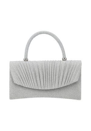 Kleine zilveren avondclutch met geplooid stoffen ontwerp en een kort, afgerond handvat met metalen accenten.