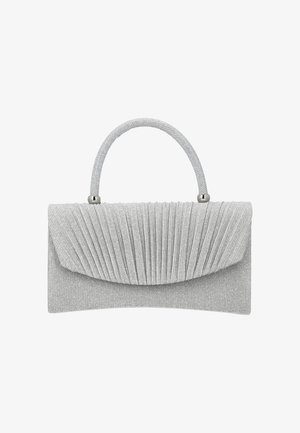 Kleine silberne Abendtasche aus plissiertem Stoff mit kurzem, rundem Griff und metallischen Akzenten.