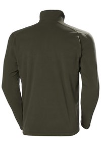 Sudadera de forro polar verde oscuro con cuello alto, mangas largas y una textura suave. Presenta costuras planas y un dobladillo recto.