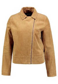 Kurtka z korduroj w jasnobrązowym kolorze z kołnierzykiem, z zamkiem błyskawicznym z przodu i bocznymi kieszeniami. Ma fakturę mięsistą.