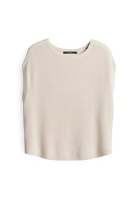 Top in maglina beige chiaro con scollatura ampia, maniche corte e orlo corto. Presenta una texture a coste e una finitura del tessuto liscia.