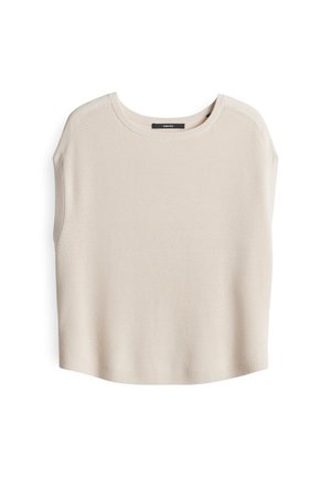 Light beige knit top with a wide neckline, short sleeves, and a cropped hem. Features a ribbed texture and smooth fabric finish.