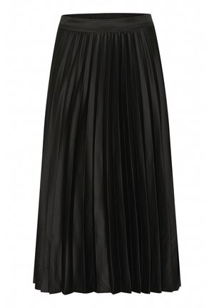 Jupe plissée noire avec une texture lisse et brillante. Taille élastique et design fluide, avec des plis verticaux sur toute la surface.