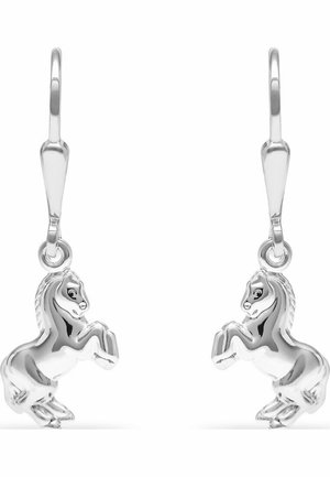 Sterling silver earrings with a dangling horse design, featuring detailed engravings and a polished finish, suspended from simple hooks.