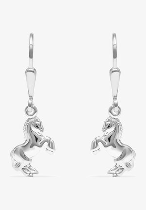 Sterling silver earrings with a dangling horse design, featuring detailed engravings and a polished finish, suspended from simple hooks.