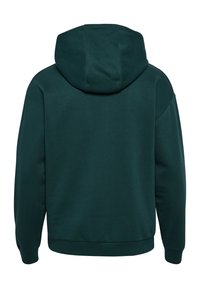 Dunkelgrüner Hoodie mit Kängurutasche, gerippten Bündchen und Kapuze mit Kordelzug. Weiches Baumwollmaterial mit glattem Textur.