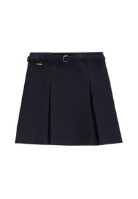 Ciemnogranatowa plisowana spódnica z paskiem, o strukturalnym kroju, wykonana z gładkiej tkaniny, z klamrą w srebrnym odcieniu i subtelnym detalem z logo.