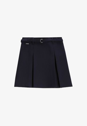Ciemnogranatowa plisowana spódnica z paskiem, o strukturalnym kroju, wykonana z gładkiej tkaniny, z klamrą w srebrnym odcieniu i subtelnym detalem z logo.