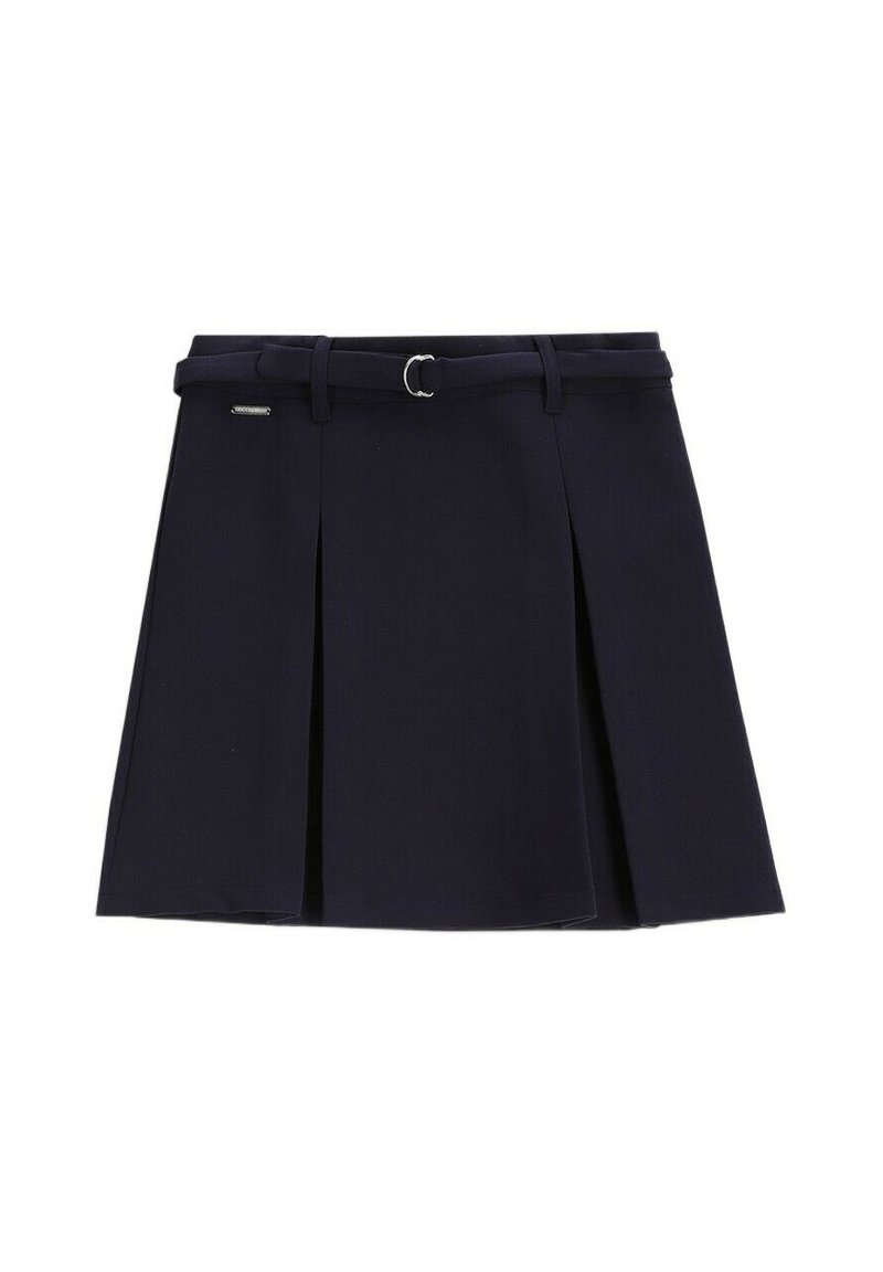 Ciemnogranatowa plisowana spódnica z paskiem, o strukturalnym kroju, wykonana z gładkiej tkaniny, z klamrą w srebrnym odcieniu i subtelnym detalem z logo.