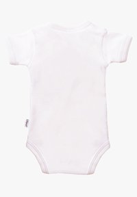 Short-sleeve white baby bodysuit made of soft cotton, featuring a round neckline and snap closures at the bottom, with smooth texture and flexibility.