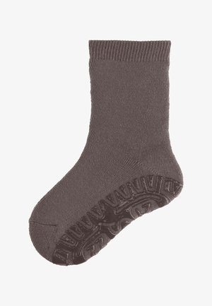 Braune Baumwollsocke mit geripptem Bünnel, strukturiertem Griff an der Sohle und glattem Körper. Das Design ist schlicht, ohne Muster oder Akzente.