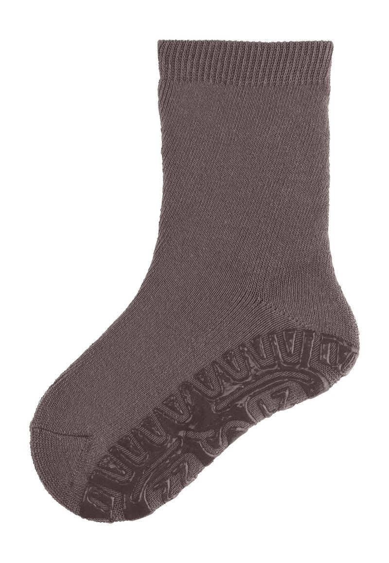 Brown cotton sock with ribbed cuff, textured grip on the sole, and a smooth body. The design is simple with no patterns or accents.