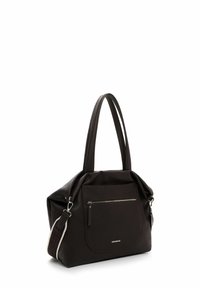 Bruine leren handtas met textuur, dubbele handvatten, een voorste ritsvak en een afneembare strap met een patroonaccent.