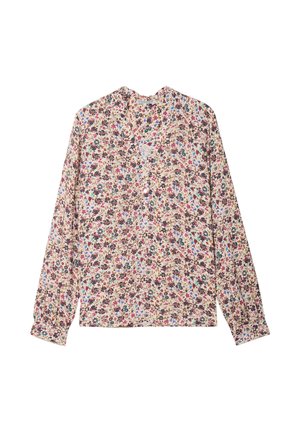 Blouse à manches longues en tissu léger avec un motif floral mettant en avant des accents roses, violets et verts. Encolure en V avec détails en bouton.