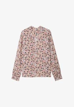 Blusa a maniche lunghe in tessuto leggero con un motivo floreale che presenta accentuazioni in rosa, viola e verde. Scollatura a V con dettagli in bottone.