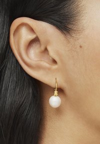 Orecchio con capelli lisci e neri che indossa un orecchino a cerchio dorato con un unico pendente a perla bianca rotonda.