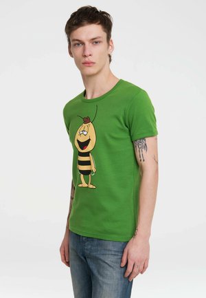 Green cotton t-shirt featuring a cartoon bee graphic with a smiling face and black stripes. Short sleeves and a crew neckline.