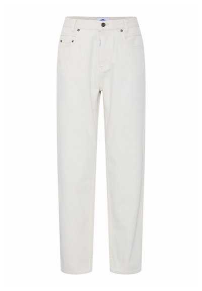 Jeans en denim beige clair avec une coupe droite, cinq poches et des accents en métal. Comprend une fermeture éclair et des passants de ceinture. Texture lisse.