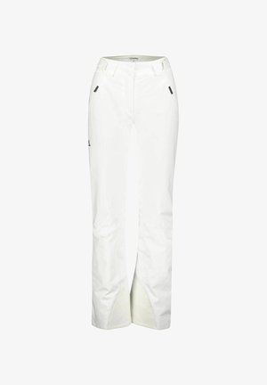White ski pants with a straight cut, featuring a zip fly, belt loops, and front pockets. Notable details include contrasting beige accents.
