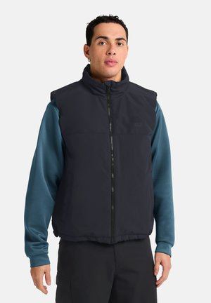 Black puffer vest with a high collar and front zipper. Paired with a blue long-sleeve shirt. Simple design, no notable patterns.