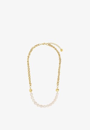 Collier chaîne en or avec perles blanches rugueuses alternées le long du bas, s'étendant en gros maillons en or avec fermoir et chaîne rallonge réglable.