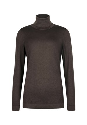 Brun turtleneck sweater lavet af blødt stof. Har lange ærmer og et tætsiddende design. Glat tekstur med ribbet hals og kant.