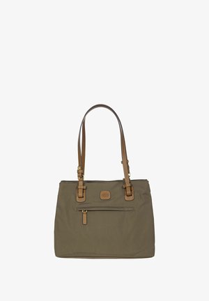 Olijfgroene nylon draagtas met bruine leren handvatten en accenten, voorzien van een ritssluiting aan de bovenkant en een ritsvak aan de voorkant.
