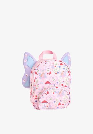 Kleine roze kinder rugzak met fee, paddenstoel en bloemenprint, voorzien van paarse decoratieve vleugels aan elke kant.