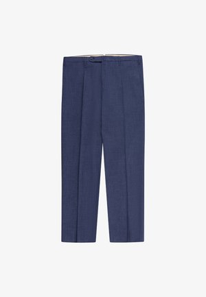 Męskie granatowe, dopasowane eleganckie spodnie z paskiem, z przodu zapinane na guzik, z kantem na każdej nogawce.