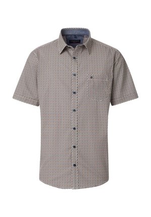 Korte mouwen overhemd van lichte stof met een geometrisch patroon in beige, blauw en donkerrood, met een button-down kraag en een borstzak.