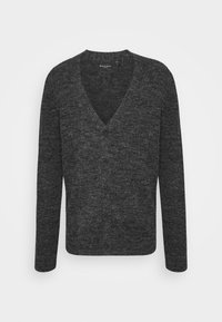 Mörkgrå långärmad knäppbar cardigan med V-hals och fem knappar, uppställd mot en enkel vit bakgrund.