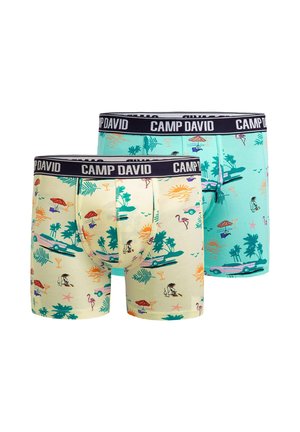 Lächelnder muskulöser Mann in gelben Boxershorts mit tropischem Muster und "CAMP DAVID"-Bund, Hände in der Hüfte vor einfachem Hintergrund.