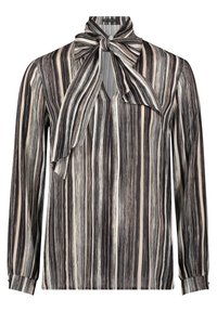 Langarm blouse met verticale strepen in zwart, beige en wit en een grote strik bij de hals.
