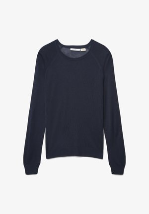 Marineblauer leichter Pullover mit langen Raglanärmeln, geripptem Kragen und Saum. Glatte Textur, minimalistisches Design, keine Muster oder Akzente.