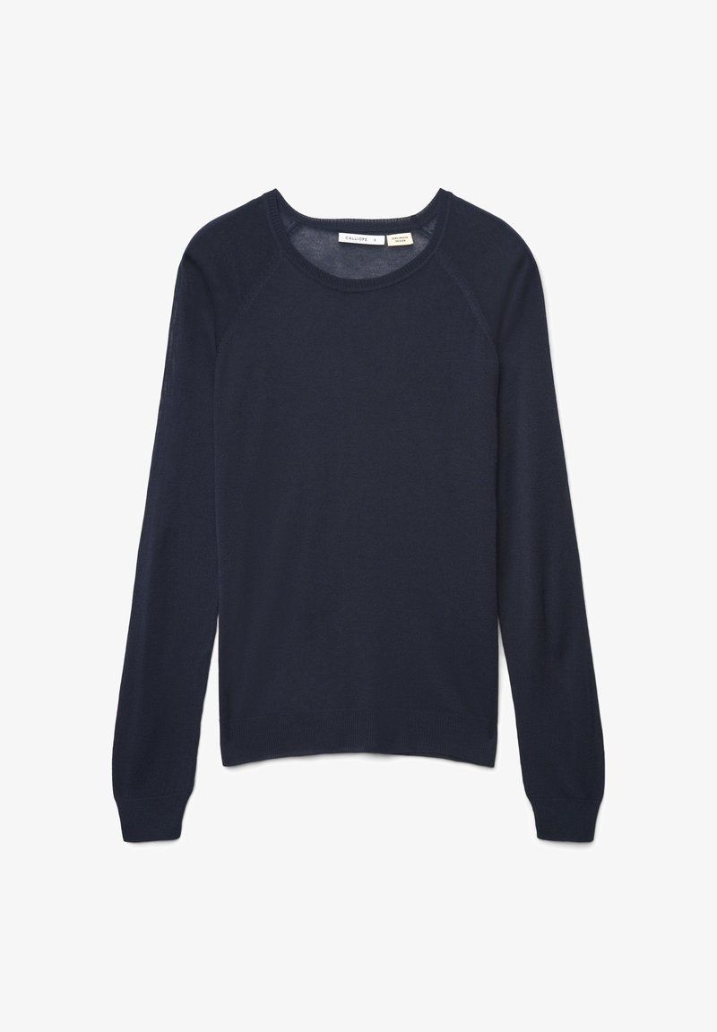 Marineblauer leichter Pullover mit langen Raglanärmeln, geripptem Kragen und Saum. Glatte Textur, minimalistisches Design, keine Muster oder Akzente.