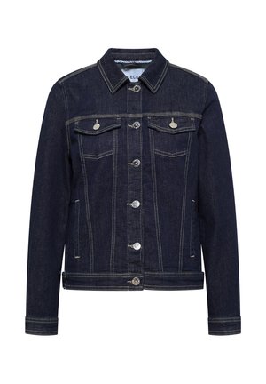 Tumman denimin takki, jossa on klassinen muotoilu, kaksi rintataskua, hopeiset napit ja kontrastiväriset saumat. Kauluksellinen ja pitkähihainen.
