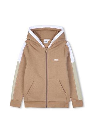 Sweat à capuche zippé couleur sable avec des détails de rayures blanches et beiges sur les manches et un logo BOSS blanc sur la poitrine.