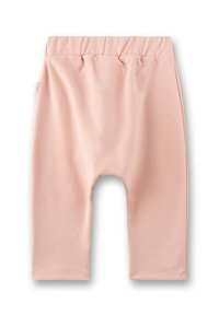 Weiche, rosa Babypants mit elastischem Bund und lockerer Passform, flach auf einem weißen Hintergrund liegend.