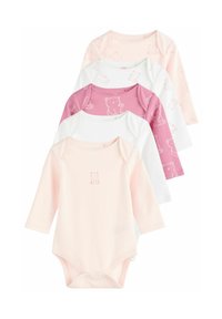 Fünf Langarm-Babybodysuits in Rosa, Weiß und Lila, ausgestattet mit Bärenmotiven und aus weichem Baumwollstoff mit Druckknopfverschlüssen.