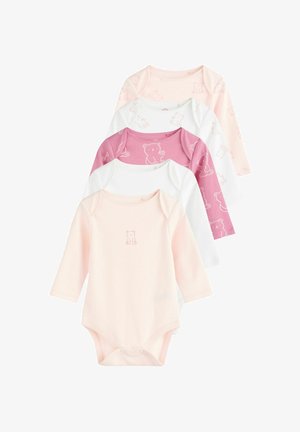 Öt hosszúujjú baba body rózsaszín, fehér és lila színekben, medve mintákkal, puha pamut anyagból, patentos záródással.