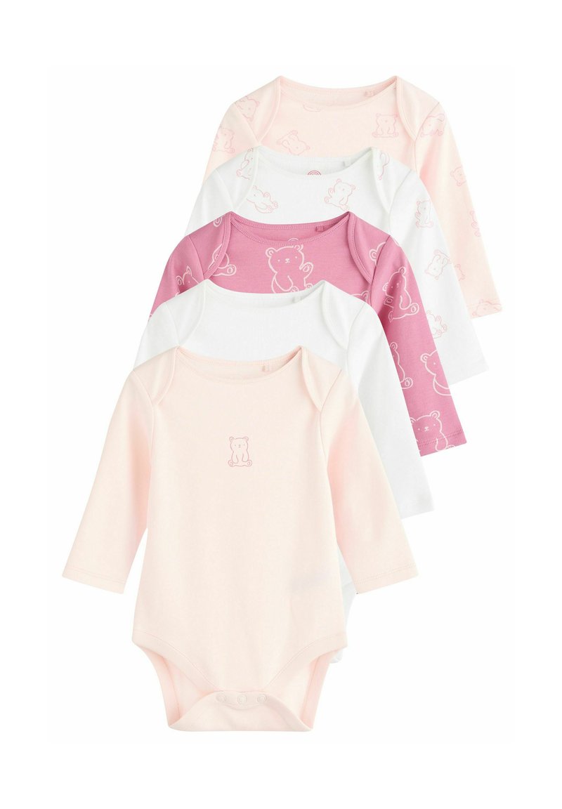 Fünf Langarm-Babybodysuits in Rosa, Weiß und Lila, ausgestattet mit Bärenmotiven und aus weichem Baumwollstoff mit Druckknopfverschlüssen.