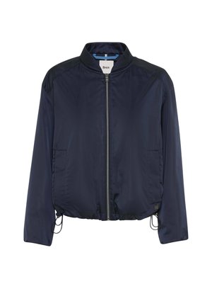 Marineblaue Bomberjacke mit Frontreißverschluss, Stehkragen, seitlichen Taschen und verstellbaren Kordelzügen am Saum.