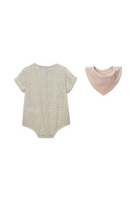 Body à manches courtes en coton avec un motif floral dans des couleurs pastel. Comprend un bavoir bandana rose pâle. Les deux articles présentent des designs simples.