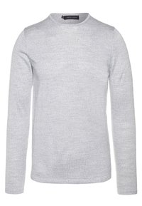 Helles graues Langarm-Shirt mit Rundhalsausschnitt, hergestellt aus weichem, dünnem Material. Verfügt über eine einfache, glatte Textur ohne Muster oder Verzierungen.