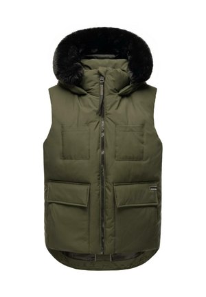 Olivengrøn polstret vest med hætte i falsk pels, frontlynlås og fire frontlommer. Glat tekstur med en rundet kant.