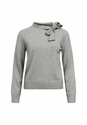Gray sweater made of soft fabric, featuring a tie detail at the neck, long sleeves, and a ribbed hem. Simple design with minimal patterns.